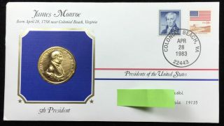James Monroe Us Medal First Day Cover Postal Commemorative Society photo