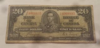 1937 Bank Of Canada $20 Dollar Bill (coyne/towers) Prefix K/e 4068835 photo