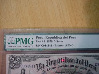 1879 La Republica Del Peru 5 Cinco Soles Note Au55 Au 55 Pmg Pick 4 Awesome photo