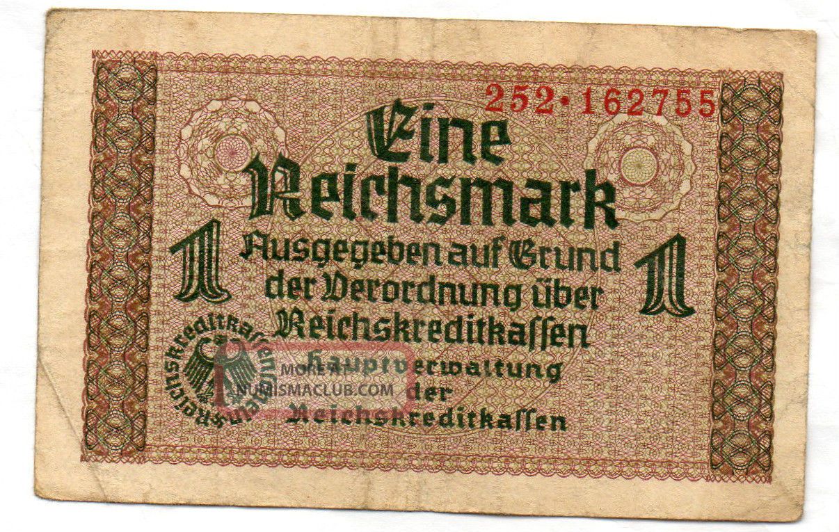 Xxx - Rare German 1 Reichsmark Third Reich Nazi Banknote Fine Con. Europe photo