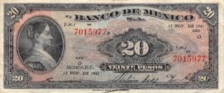 Mexico 20 Pesos 12.  11.  1941 Series O Rare Circulated Banknote photo