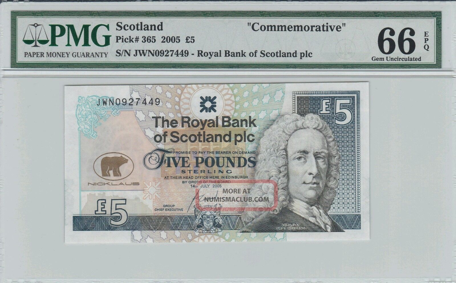 Scotland 5 Pounds Commemorative Banknote 2005 Pmg 66 Epq Gem Uncirculated Europe photo