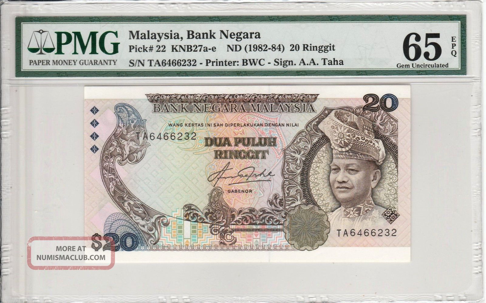 Malaysia 20 Ringgit Rm20 (1982) P22 First Prefix Ta6466232 Banknote Pmg