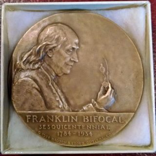 1934 Bausch & Lomb Ben Franklin Bifocal Sesquicentennial Medal Orig Box & Papers photo
