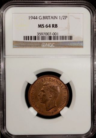Great Britain 1/2 Penny 1944 Ngc Ms 64 Rb Unc Bronze photo