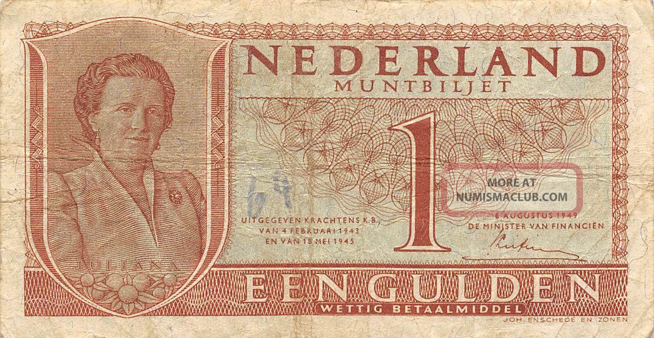 Netherlands 1 Gulden 8.  8.  1949 Series 2db Circulated Banknote Em30ep Europe photo