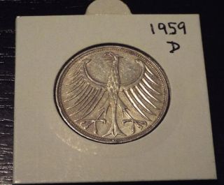 1959 - D Germany (federal Republic) Silver 5 Mark Coin Au photo