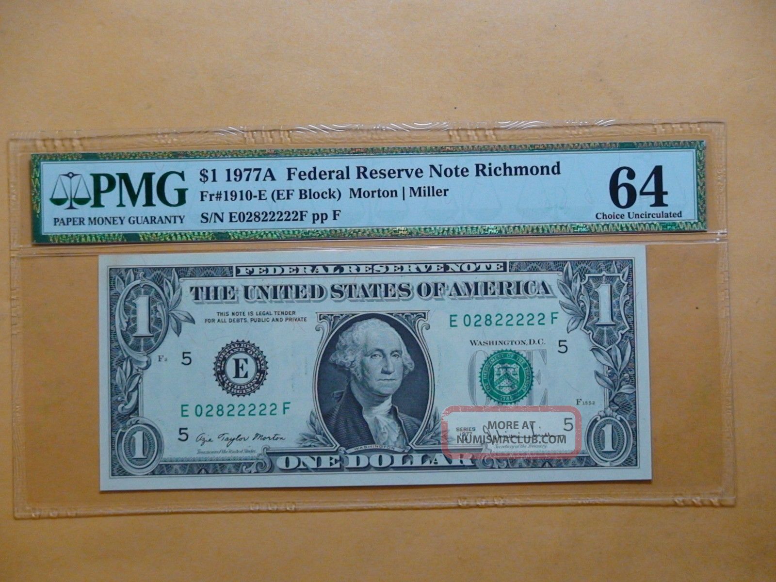 1977 A One Dollar Federal Reserve $1 Note Pmg Cu 64 Richmond Fr 1910 - E Small Size Notes photo