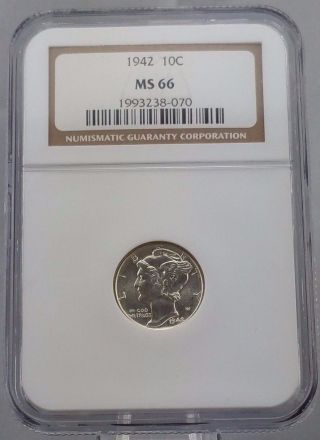 1942 - P Mercury Dime Ngc Ms - 66 90 Silver Coin photo