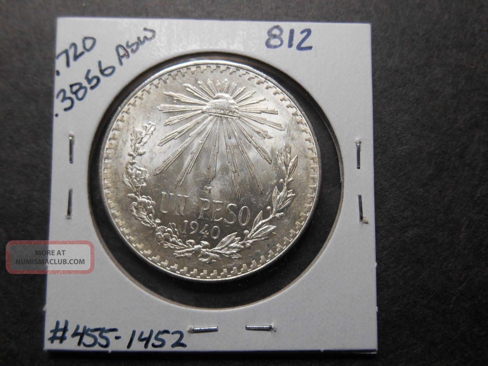 1940 Mexican Silver 1 Peso Cap & Ray - Silver Coin /. 720 ...