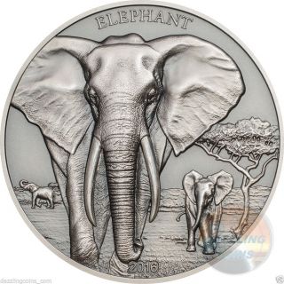 Elephant - Proof Tusks Antique Finish - Hire Minted Coin - 1oz.  Silver 2016 Tanzania photo