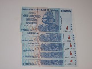 5 - 100 Trillion Zimbabwe Dollars Crisp Uncirculated In Consecutive Numbers photo