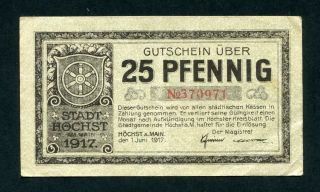 Höchst Stadt 25 Pfennig 1/6/1917 Vf Kleingeld Tieste 3050.  10 photo