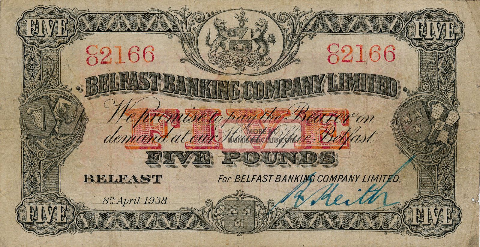 Belfast Banking Co.  Ltd.  Belfast 5 Pounds 1938 Good Vf Europe photo