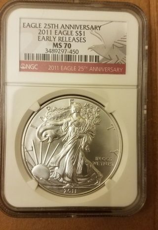 2011 - Silver American Eagle Ngc Ms - 70 Early Releases - 25th Anniversary Eagle Label photo