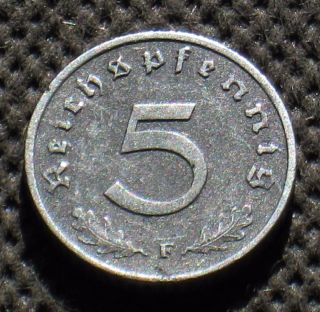 Coin Nazi Germany 5 Reichspfennig 1941 F W/ Swastika World War Ii (2) photo