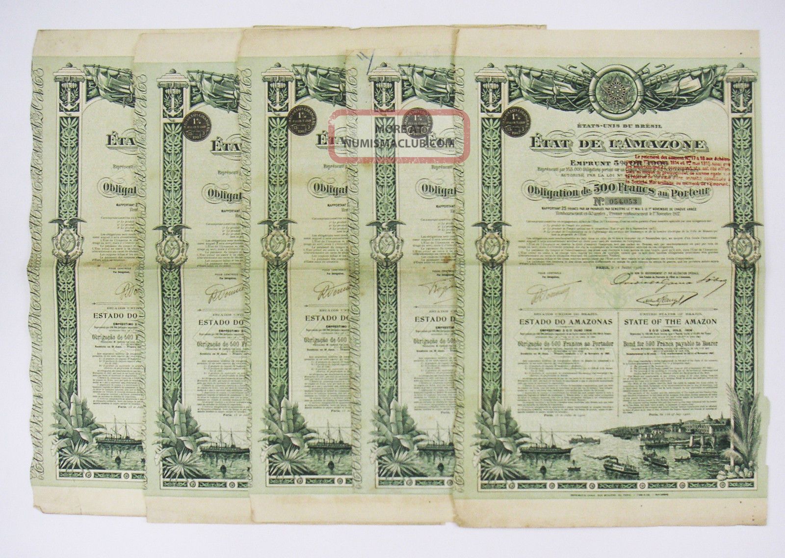 Brazil - Etat De L ' Amazone Emprunt 5 Or 1906 Ob.  500f (x5) Stocks & Bonds, Scripophily photo