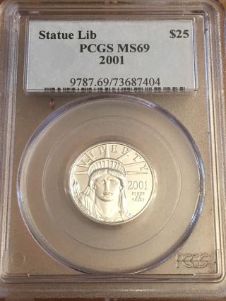 2001 Us Platinum Statue Of Liberty $25 1/4 Oz Platinum Coin Pcgs Ms69 photo