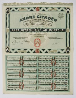 France - André Citroen - Part Bénéficiaire 1927 photo