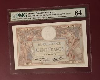 France French 100 Franc Pmg Unc 64 Pick 86b 1938 Highest Grade Known By Pmg photo