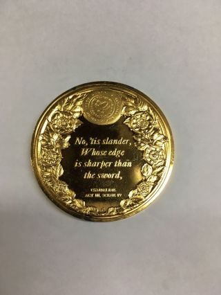 24k Gold Platted On Sterling Silver Art Medal Shakespeare.  43mm 39.  8 Grams.  925 photo