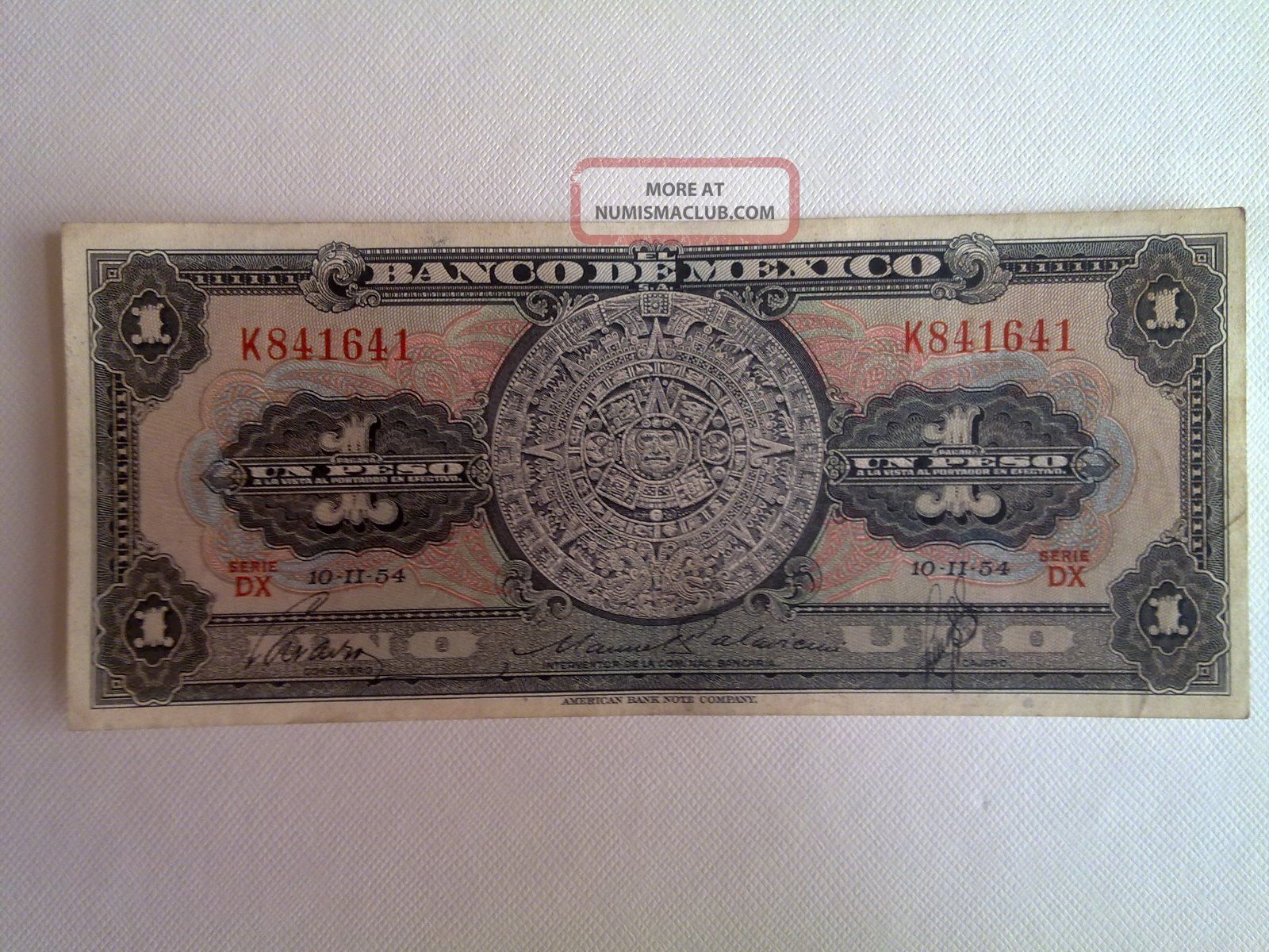 1 Peso Mexico Banknote 1954 Cir Aztec Calendar Abnc