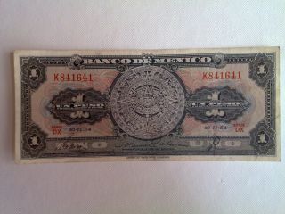 1 Peso Mexico Banknote 1954 Cir.  Aztec Calendar Abnc photo