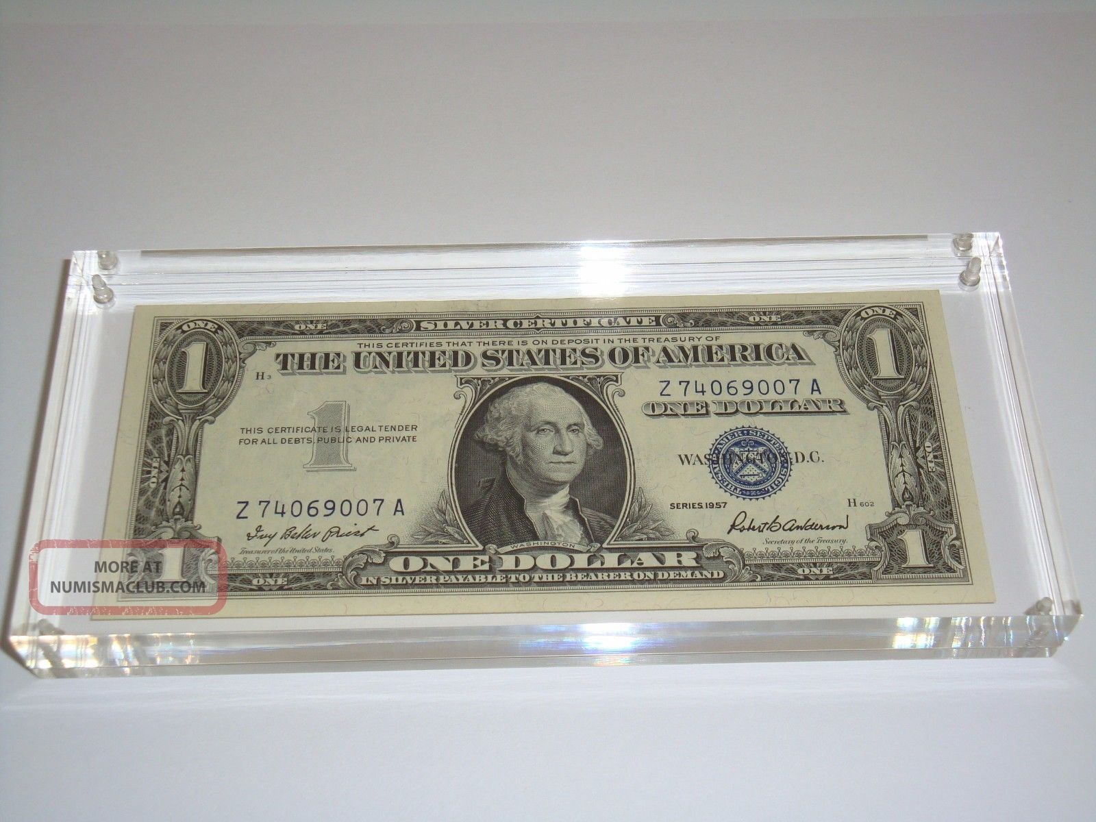 1957 Uncirculated $1 Usa One Dollar Silver Certificate Blue Seal 3/4 Inch Lucite Small Size Notes photo