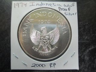 1974 Bank Of Indonesia 2000 Rp Wwf Wildlife Conservation Silver Proof Crown photo