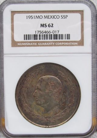 Mexico 1951 Mo Silver 5 Pesos - Ngc Ms 62 - Toned - Nicely Struck - Low Mintage photo