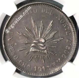 1915 Ngc Au 58 Silver Peso Chihuahua State Army Of North Coin (16120402d) photo