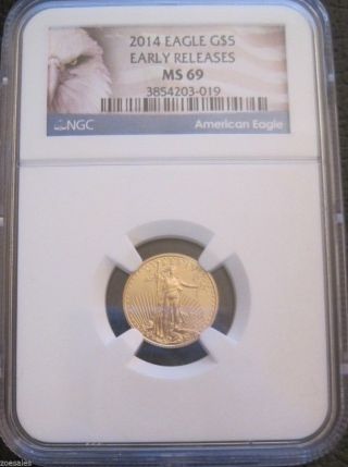 2014 1/10 Oz.  $5 Gold American Eagle Ms69 // Early Releases Blue Label // Mc006 photo