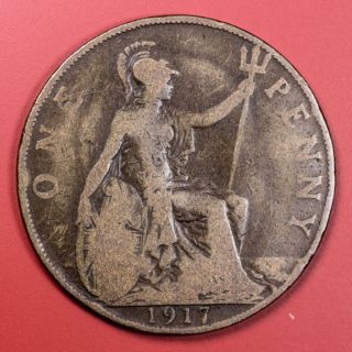 1917 Great Britain One Penny Foreign Coin - S&h photo