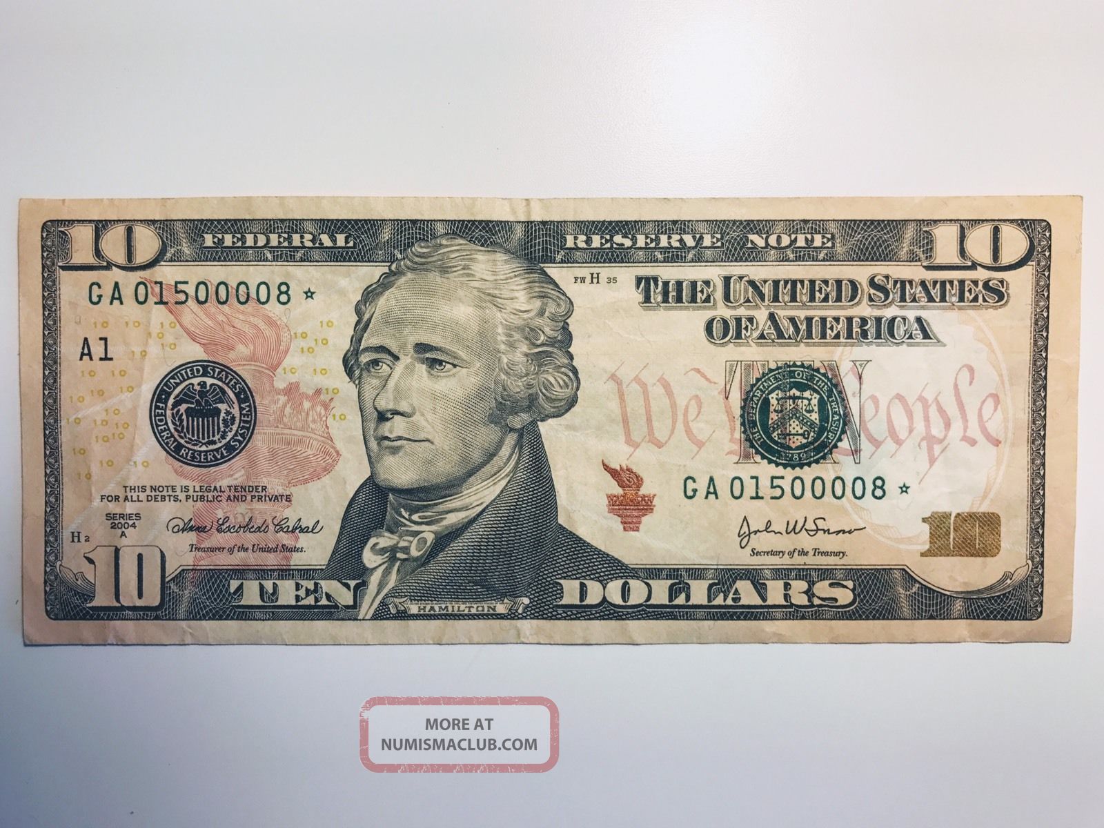 Star 2004 - A $10 Dollar Bill Low Serial Ga 01500008 Federal Reserve Note Small Size Notes photo