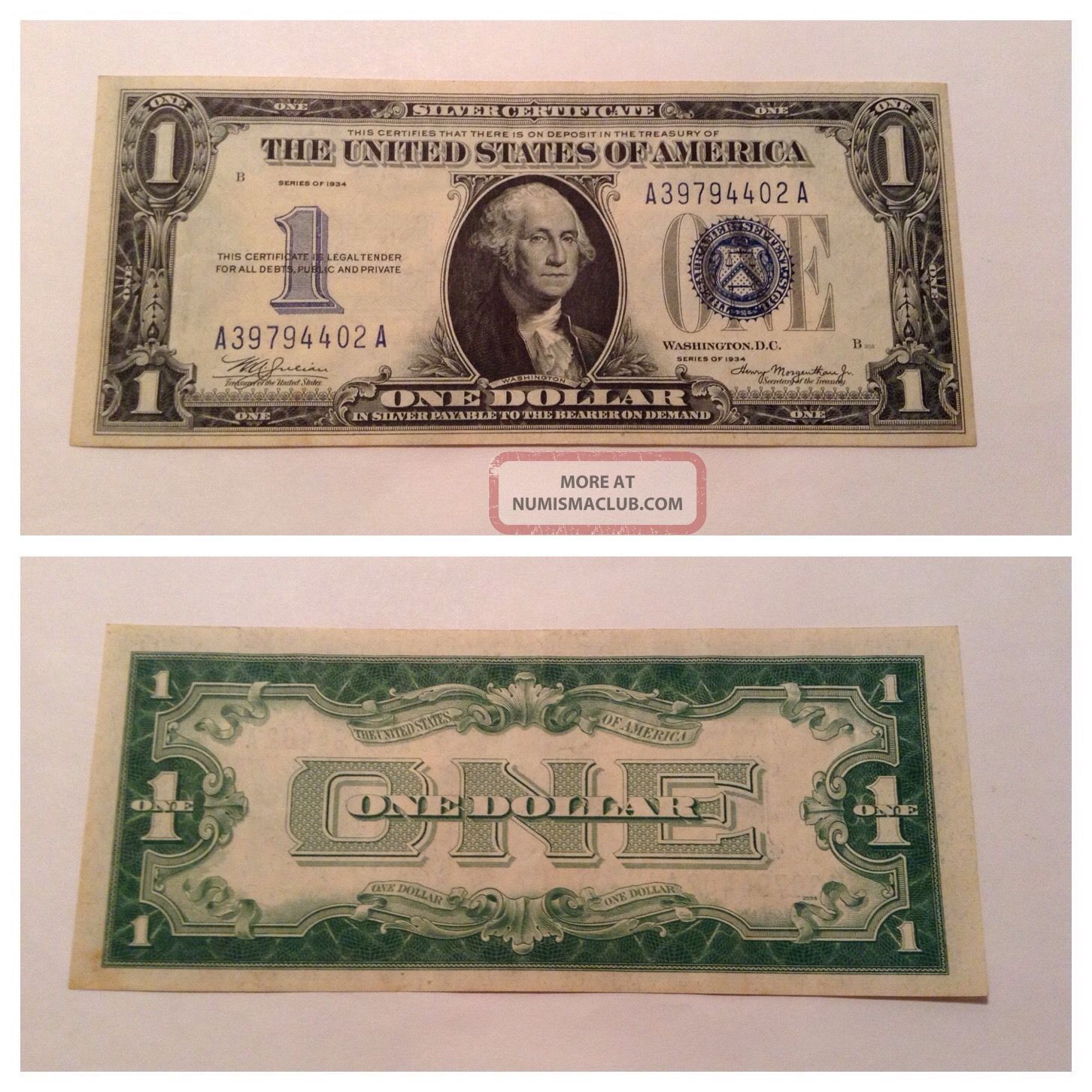 Vintage 1934 $1 Silver Certificate One Dollar Bill Washington Blue Funnyback Vnc Small Size Notes photo