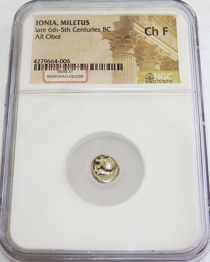 525 - 475 Bc Greek Silver Ionia Meletus Ar Obol Roaring Lion Coin Ngc