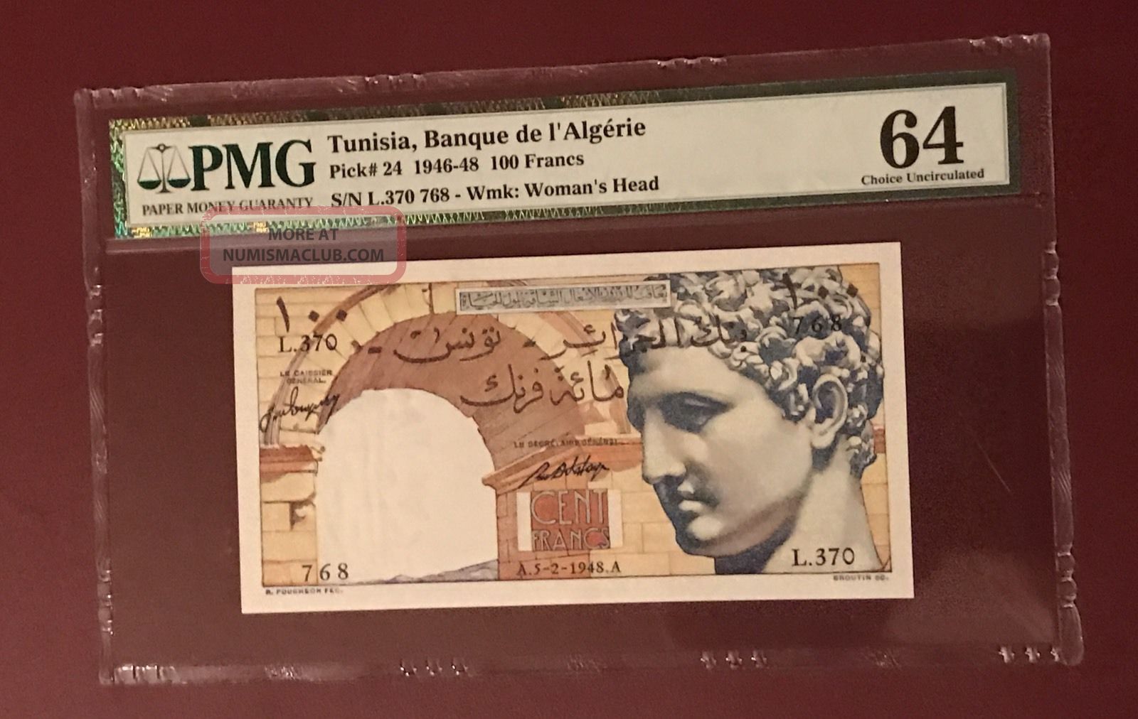 Algeria Algérie Tunisia 100 Franc Bank Note 1948 Pmg 64 Unc Highest Grade Known Europe photo