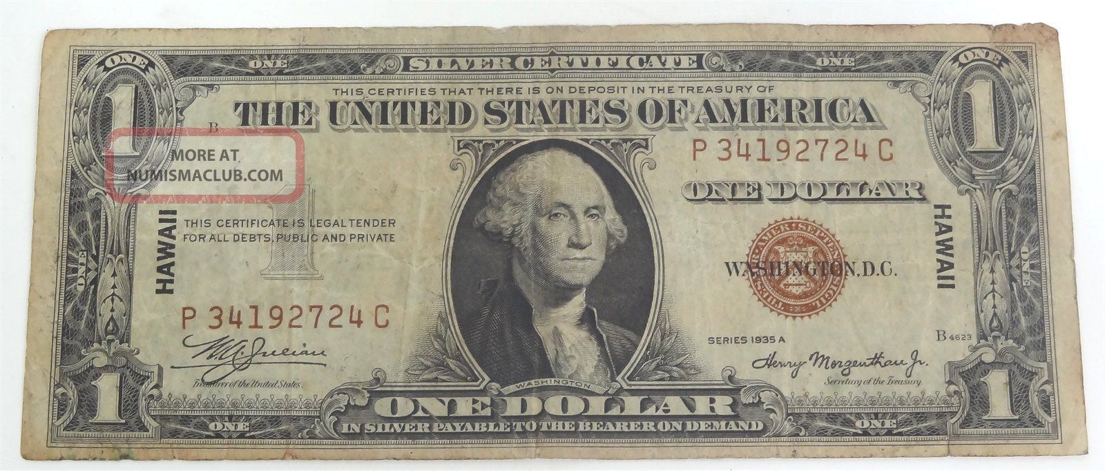 Us $1 Small Size Silver Certificate Hawaii Emergency Note Series 1935a Circ. Small Size Notes photo