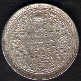 British India - 1943 - George Vi 1/4 Rupee Silver Coin Ex - Rare Coin photo