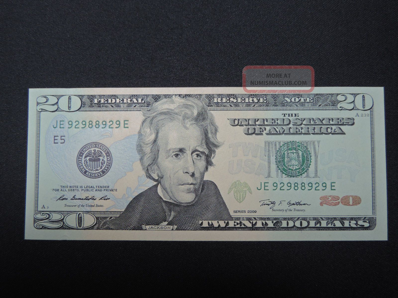 2009 $20 Us Dollar Bank Note Je 92988929 E Radar / 3 Digit Bookend Bill Usd Cu Small Size Notes photo