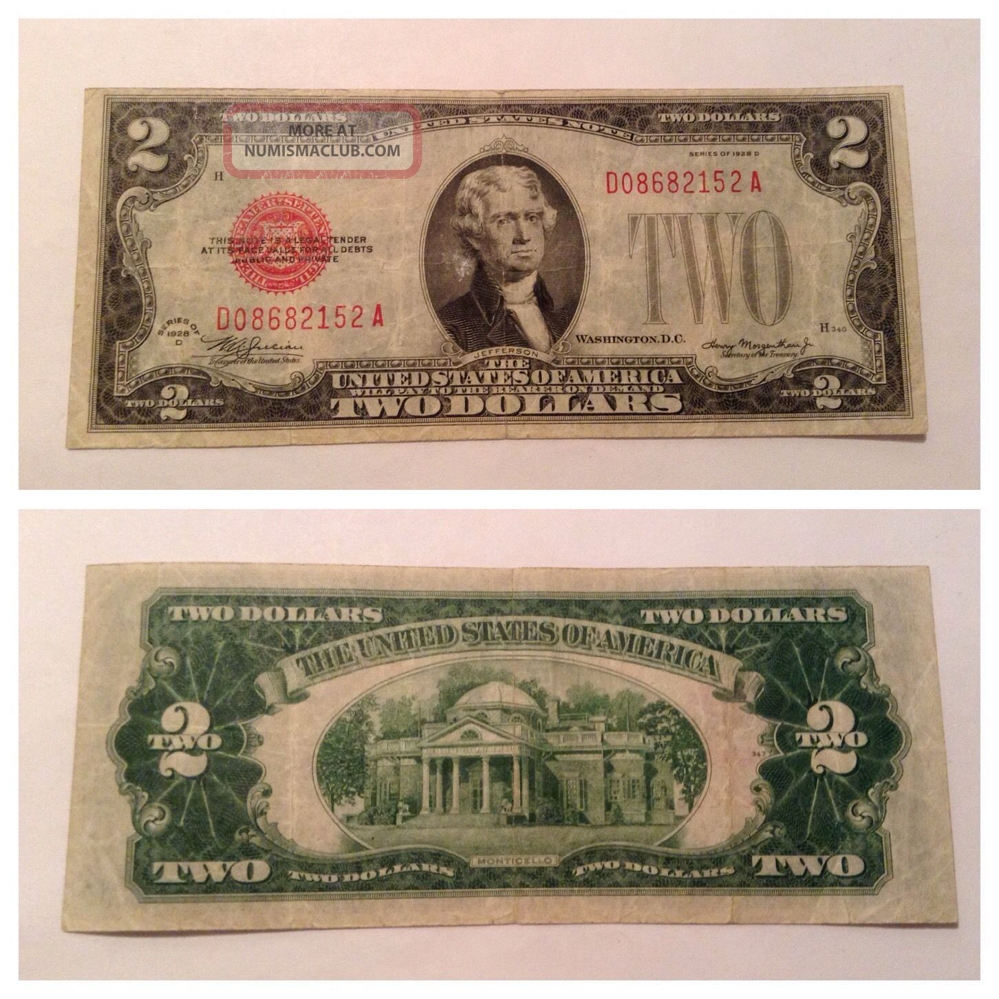 Vintage $2 1928 - D Federal Reserve Note Two Dollar Jefferson Red Seal Dollars Small Size Notes photo