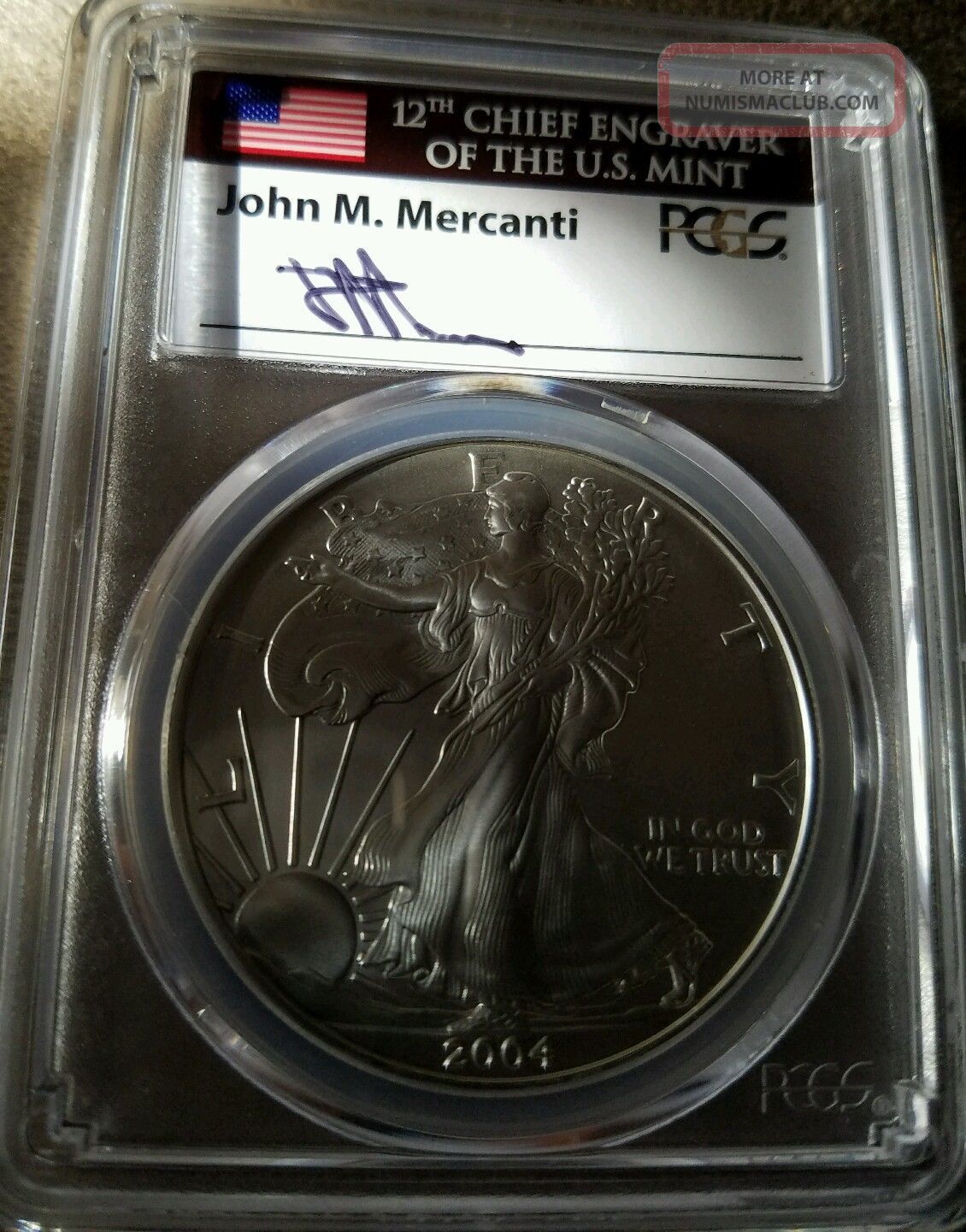 2004 American Silver Eagle Ms70 Mercanti Signed First Strike. Mercanti