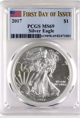 2017 1 Oz.  Silver Eagle Pcgs Ms69 First Day Of Issue Flag Label photo
