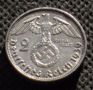 Old Silver 2 Reichsmark Coin Nazi Germany Swastika 1939 A Berlin World War Ii photo