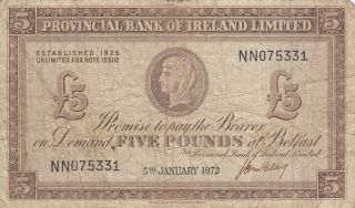 Northern Ireland Provincial Bank Of Ireland 5 Pounds (1972) B614c P - 246 photo