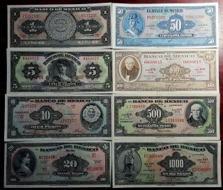 Billetes De Mexico 8 Piezas Abnc 1,  5,  10,  20,  50,  100,  500,  1000 Sin Circular photo