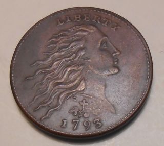 1793 Flowing Hair Large Cent W/strawberry Leaves Museum Quality Copy Coin photo
