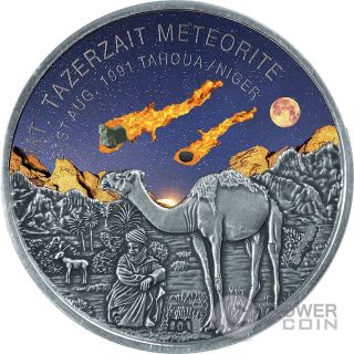Mount Tazerzait African Meteorite Silver Coin 1000 Francs Niger 2016 photo