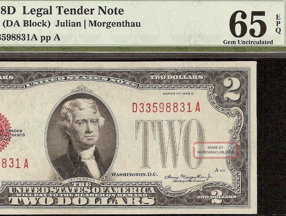 Unc 1928 D $2 Dollar Bill United States Legal Tender Red Seal Note Pmg Gem 65 Small Size Notes photo
