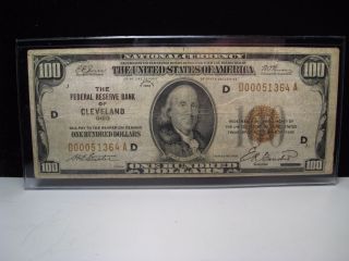 1929 Brown Seal $100.  00 Us National Currency Note.  Frb Of Cleveland.  D00051364a. photo